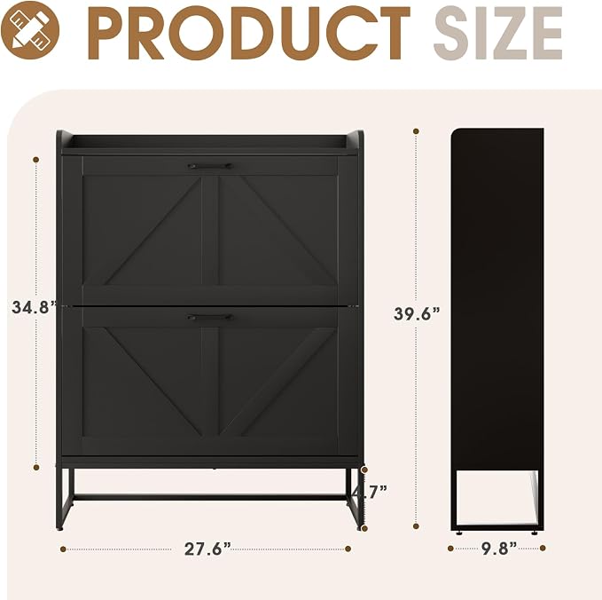 GRUSIGN Shoe Cabinet, Shoe Storage Cabinet with 2 Flip Drawers & Adjustable Shelf, Space-Saving Shoe Organizer – Holds 16+ Pairs, Narrow Shoe Cabinet Storage for Entryway/Hallway（Black） - Image 2