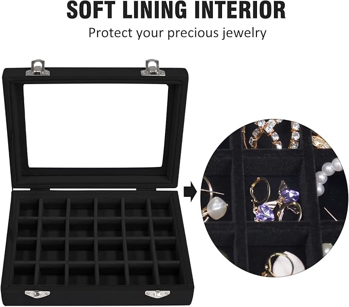 Vicoter Velvet Jewelry Box 24 Grid Jewelry Ring Display Organiser Box Tray Holder Earrings Storage Case for Girls Wife Mom Women (Black) - Image 3