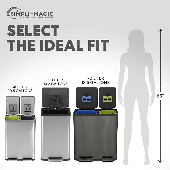 SIMPLI-Magic 18.5 Gallon (70L) Dual Compartment Kitchen Trash Can - Hands-Free Step Pedal, Soft-Close Lid, Stainless Steel Recycling Bin with Odor Filter (40L + 30L), Black - Image 4