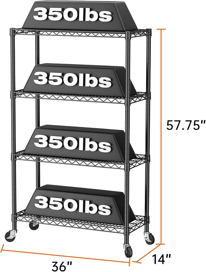 SINGAYE 4 Shelf Storage Wire Shelves Closet Bathroom Organizers Metal Pantry Kitchen Garage Shelving Unit Laundry Room Organization Home Narrow Rack Net Basket with Wheels Black - Image 3