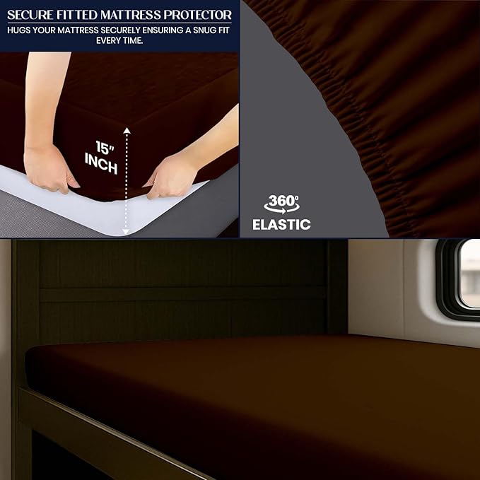 SGI bedding Waterproof RV Bunk Cot Bed Mattress Protector 32X79 for Narrow Twin Camping Bed Mattress Pad Cover, Truck Sleeper & RV Beds - Soft, Noiseless, Breathable, 15" Deep Pocket - Chocolate