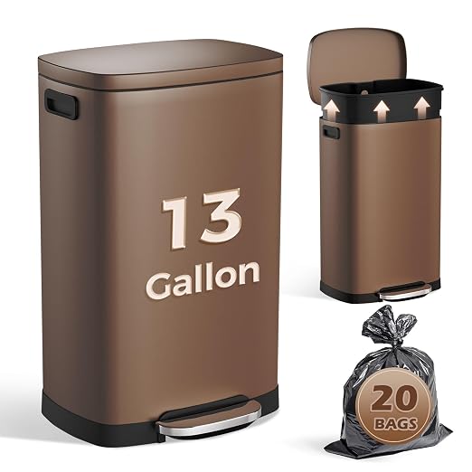 ELPHECO LPHECO Kitchen Trash Can with Lid Soft Close, 13 Gallon / 50L Stainless Steel Pedal Garbage Can, Heavy-Duty Step Wastebasket with 20 Bags, Removable Bucket, Home Office, Kitchen, Brown by ELPHECOUSA