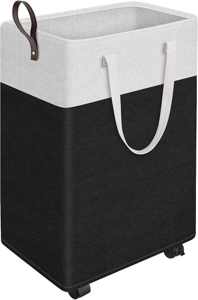 HomeHacks Laundry Basket with Wheels, Rolling Laundry Hamper, Collapsible & Waterproof Clothes Hamper, Narrow Corner Bins with Extended Handles for in the Family & Dorm 90L, Black by HomeHacks