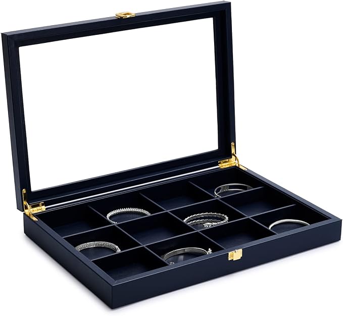 Oirlv 12 Gird Jewelry Tray with Acrylic Lid Premium Blue Leather Jewelry Organizer Box Transparent Lid Bracelet Bangle Small Watch Storage Case for Women Gift - Image 2