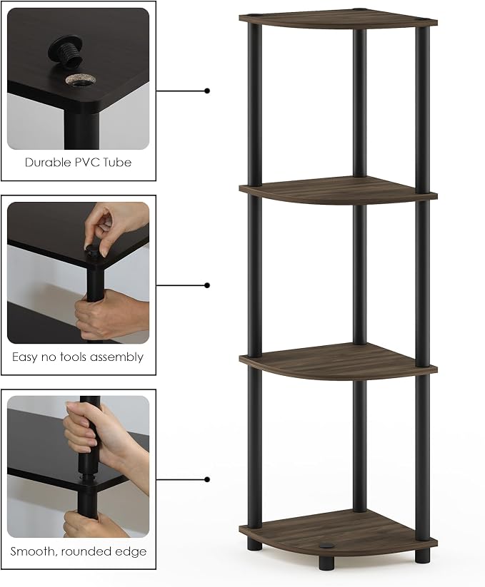 Furinno TURN-N-TUBE Corner Shelf, 4-Tier Corner Bookshelf, Display Storage Shelves with Open Shelves, for Organization and Storage, Living Room, Home Office, Garage, Columbia Walnut - Image 5
