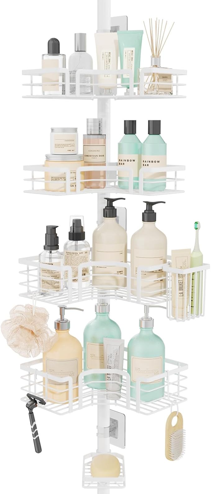 SWTYMIKI Shower Caddy Tension Pole - 4-Tier Corner Shower Organizer Tension Rod with Soap Holder, Toothbrush Holder & 4 Hooks, Adjustable Stainless Steel Bathroom Organizer 27.6 to 108.3 inch, White by SwtyMiki-TidyHomeSweetLife