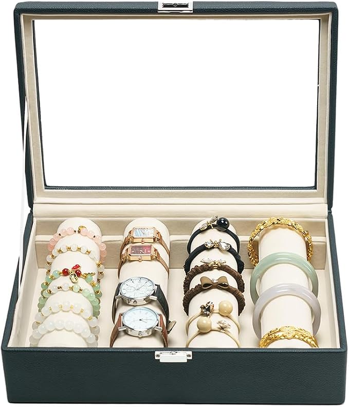 Bracelets Organizer Rods Bangles Display Holder, Clear See through Lid Leather Velvet Jewelry Storage Box Case for Women, 4 Rods Black Leather by XHMQYCMakesAllBetter%E2%80%94LetGo