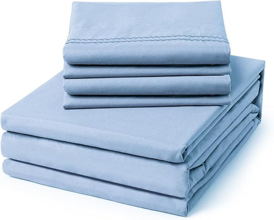 ClevaHome Full Size Sheet Set - 6 Piece Soft Breathable Luxury Bed Sheet Set - Shrinkage & Fade Resistant Embroidered Bedding Sheet with Deep Pocket, 2 Extra Pillowcases (Full, Chambray Blue)