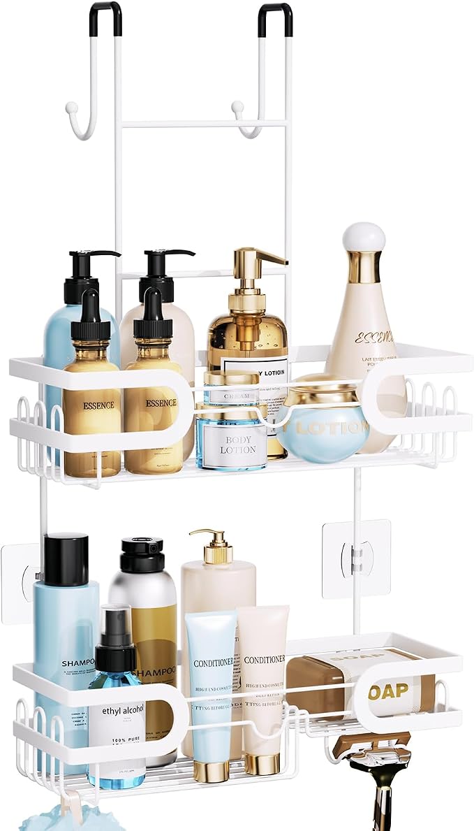 HapiRm Shower Caddy Over Door- Hanging Shower Organizer with 14 Hooks and Soap Holder, Rustproof & Waterproof Stainless Steel Bathroom Shelf - White by HapiRm