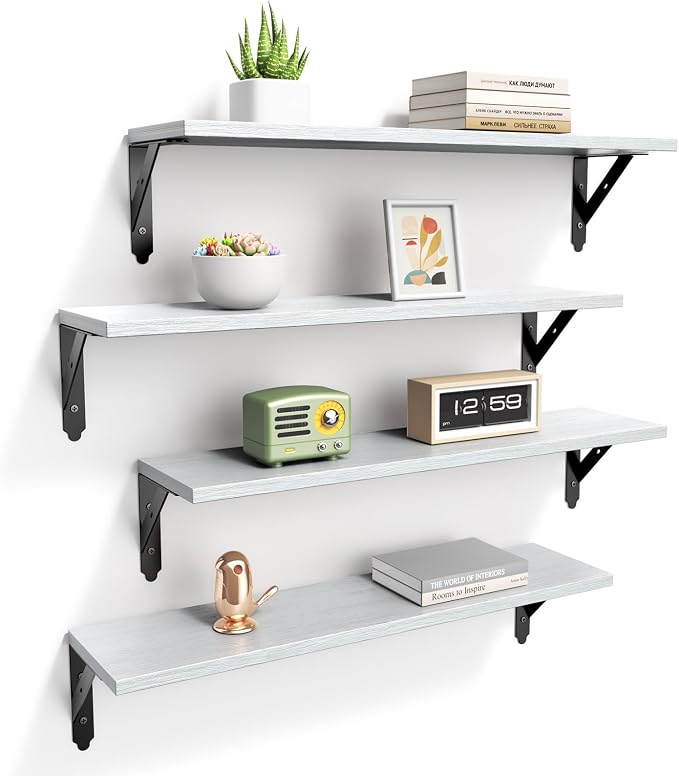 ROMGUAR CRAFT Wood Floating Shelves Set of 4, Rustic Storage Decor Wall Shelves, Wall Mounted Shelf for Living Room, Bedroom 23.6" x 6", Light Grey by ROMGUAR+CRAFT