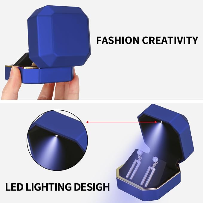 Luxury LED Jewelry Earring Pendant Stud Box, Velvet Earring Necklace Gift Box Storage Case Organizer Holder for Proposal Engagement Wedding Anniversary Birthday Ceremony (Blue) - Image 3