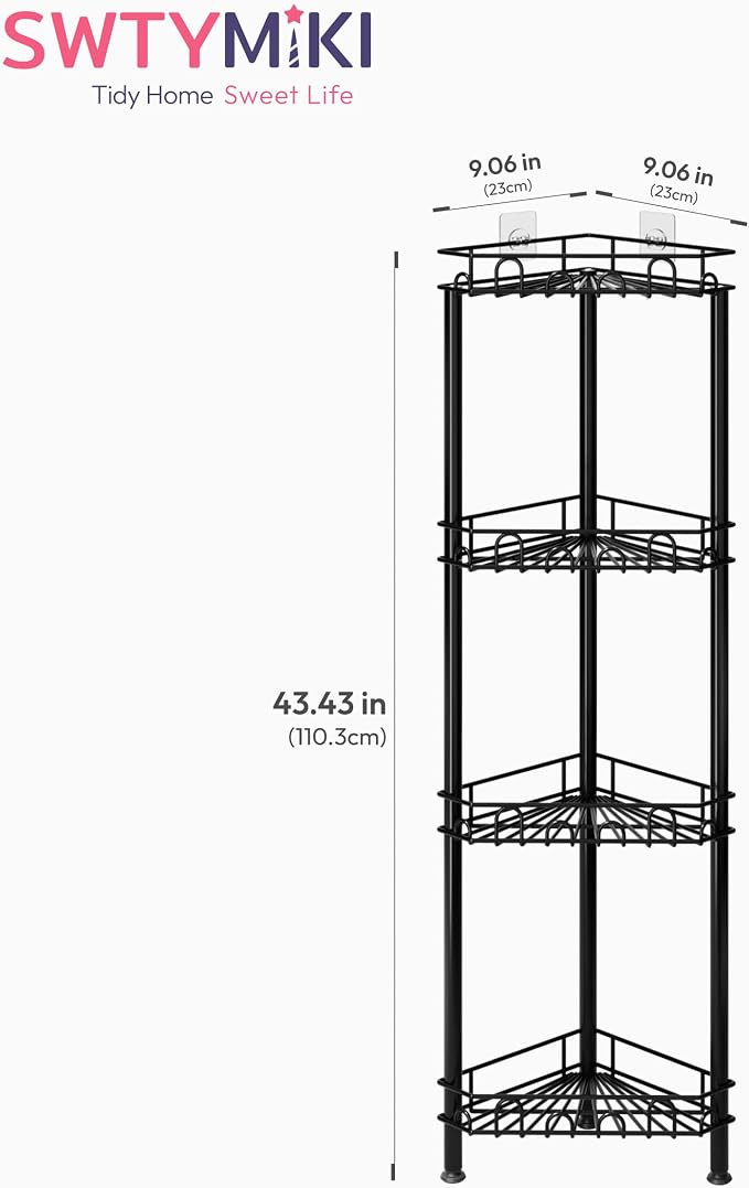 SWTYMIKI Standing Shower Caddy Corner - 4‑Tier Stainless Steel Shower Organizer Shelf with 16 Hooks and Adhesive Pads, Rustproof Corner Shelves Stand Rack for Bathroom Shower Room, Black - Image 7
