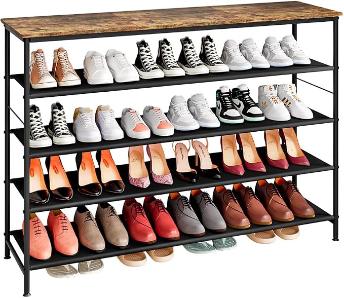 INGIORDAR Shoe Rack Organizer 5 Tier Metal Organizer Shelf with Industrial MDF Board and Layer Fabric for Entryway Closet Bedroom Living Room Garage (Black+Rustic Brown, 5 Tier(47.2" W)) by INGIORDAR