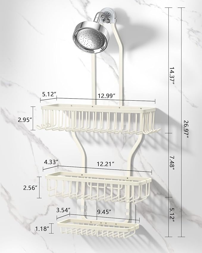 Shower Caddy Hanging - Never Rust Shower Hanging Organizer - Aluminum Over the ShowerHead Caddy with Soap Basket and 6 Hooks for Razor/Sponge (Milky White) - Image 2