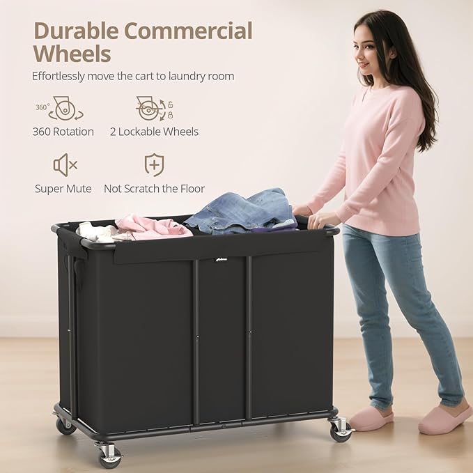 Hodonas Laundry Hamper with Wheels, 2-Section 230L (61Gal) Large Capacity, Heavy-Duty Rolling Clothes Basket with Silent Rubber Casters & Detachable Oxford Bags for Home, Black, 31.5"Lx15.75W"x30.7"H - Image 5