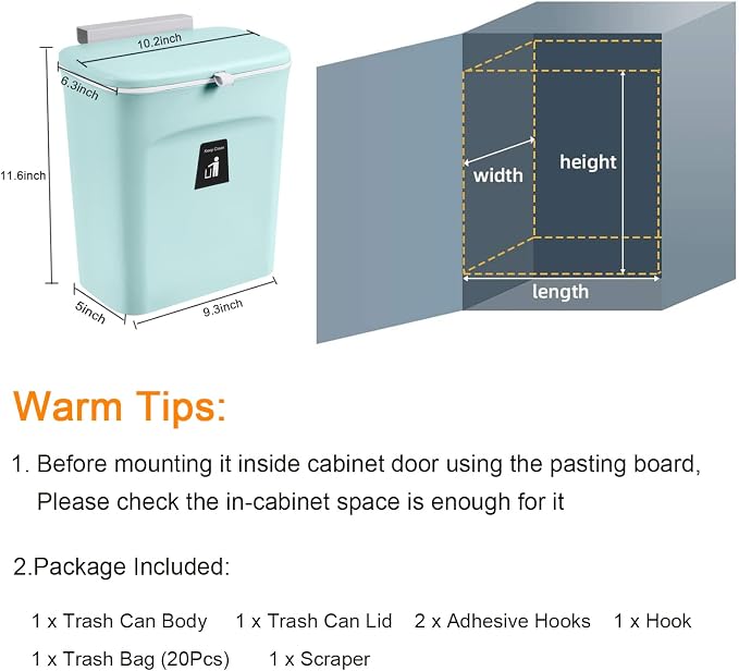 Tiyafuro 2.4 Gallon Kitchen Compost Bin for Counter Top or Under Sink, Hanging Small Trash Can with Lid for Cupboard/Bathroom/Bedroom/Office/Camping, Mountable Indoor Compost Bucket (Blue) - Image 7