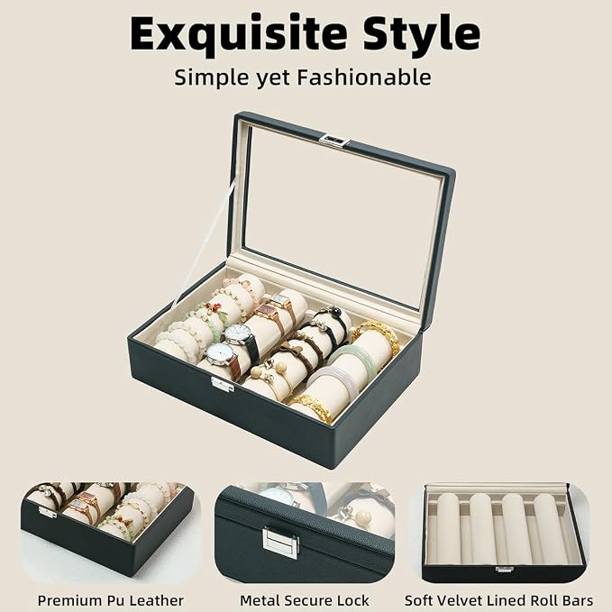 Bracelets Organizer Rods Bangles Display Holder, Clear See through Lid Leather Velvet Jewelry Storage Box Case for Women, 4 Rods Black Leather - Image 5