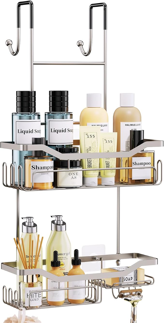HapiRm Hanging Shower Caddy Over the Door with Soap Holder, No Drilling Adhesive Shower Organizer with 11 Hooks, Rustproof & Waterproof 304 Stainless Steel Bathroom Shelves - Brushed Nickel by HapiRm