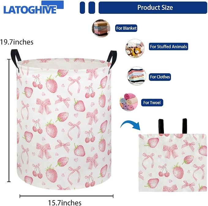 Baby Laundry Hamper kids laundry Basket Waterproof Laundry Bag for Bedroom Toy Clothes Organizer Room Décor(Bowknot strawberry) - Image 2