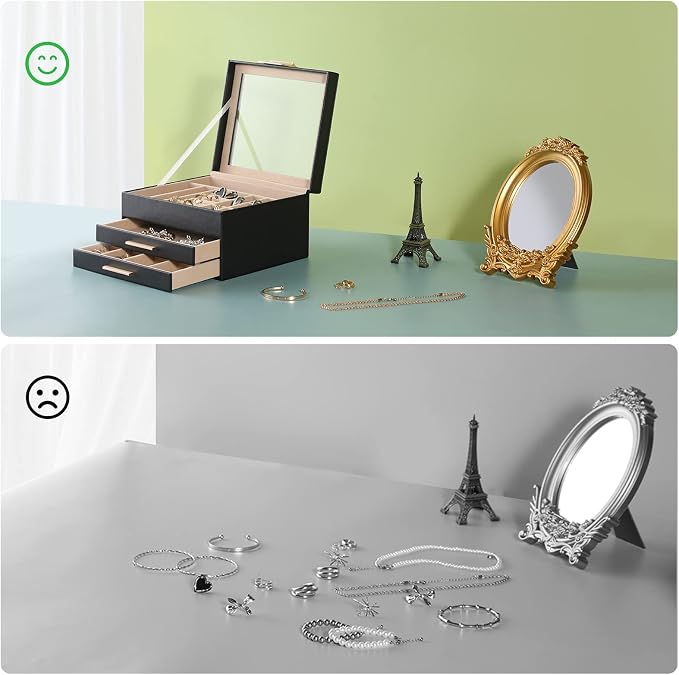 Somduy Jewelry Box Organizer for Women,3 Layers Jewelry Storage Display Box with Glass Lid,Gift for Christmas,3 Drawers,Large Capacity for Necklace Earrings Bracelets Rings,Black - Image 7