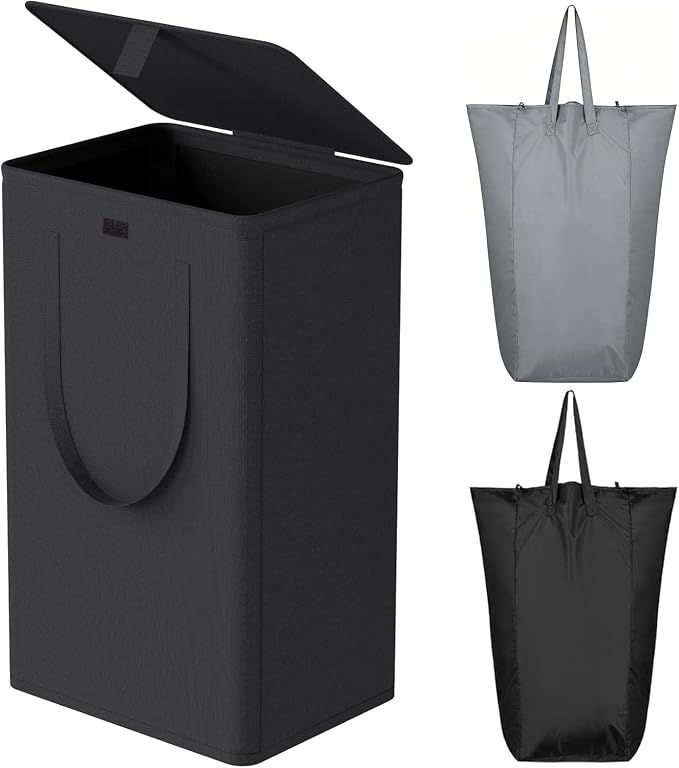 WOWLIVE 100L Laundry Hamper with Lid, Large Foldbale Laundry Basket with 2 Removable Bags and Handles, Tall Collapsible Dirty Clothes Hamper for Laundry Room, Bathroom, Dorm (Black) by WOWLIVE