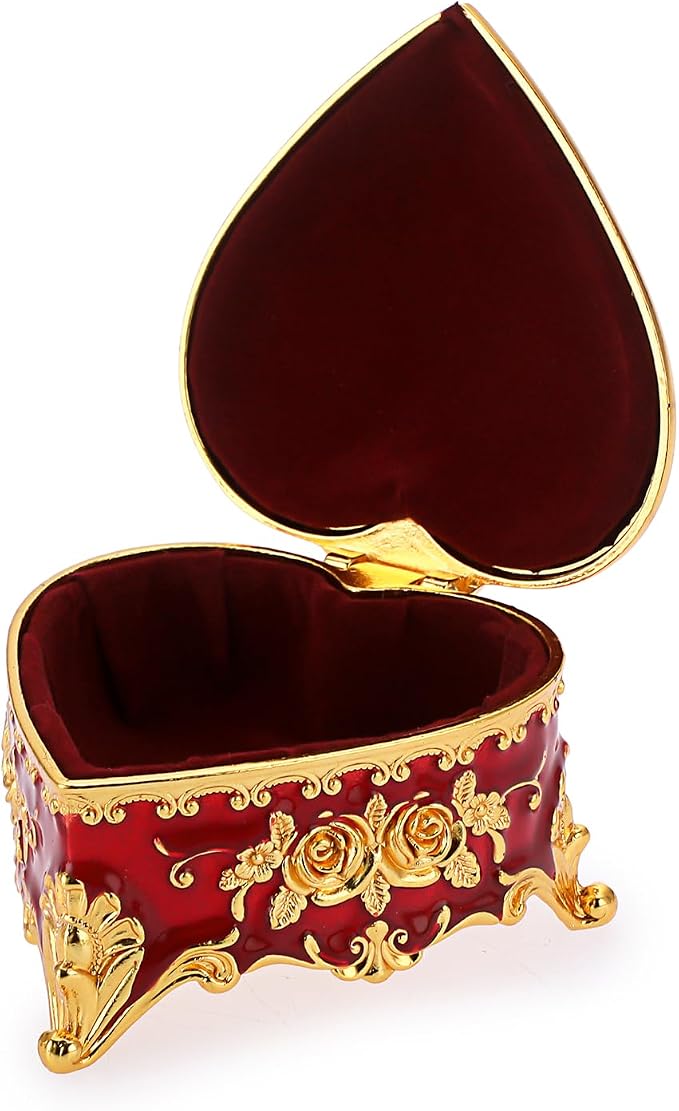 Hipiwe Heart Shape Jewelry Box Classic Metal Trinket Organizer Ring Storage Box with Rose Pattern Jewelry Storage Box for Ring Earrings Necklace, Gift for Women, Red - Image 8