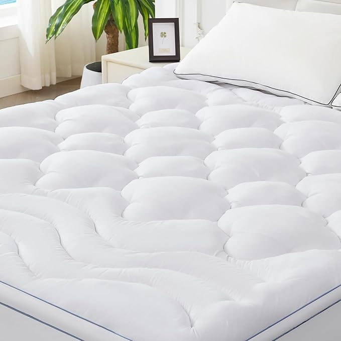 BDEUS TwinXL Mattress Pad, Extra Thick 1450GSM Mattress Topper, Four Leaf Clover Soft Mattress Protector Cover with 21" Deep Pocket for Back Pain Relief, 3D+7D Down Alternative Fill Overfilled, White
