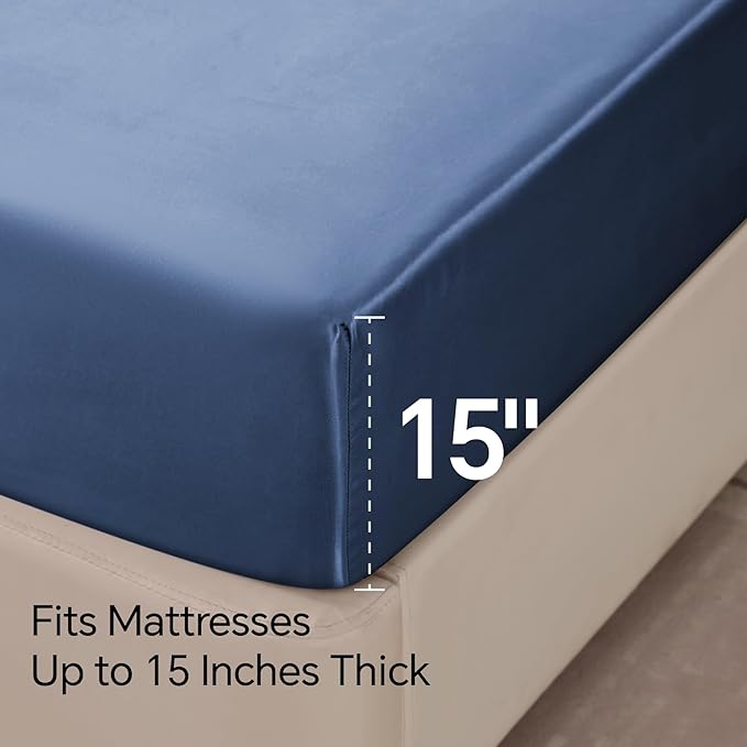BEDELITE Satin Sheets Twin Size Bed Set, Luxury Soft Navy Silky Sheets for Hair and Skin, Similar to Silk Bed Sheets Set 3 Pieces with 1 Deep Pocket Fitted Sheet, 1 Flat Sheet, and 1 Pillowcase