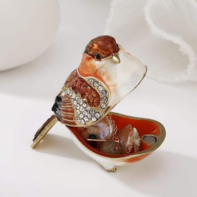 Hand Painted Enamel Goldfinch Trinket Box for Home Decor, Hinged Jewelry Organizer for Ring Earrings, Unique Figurine Keepsake Collectible Personalized Elegant Handmade Ornament Gifts (Gold Finch) - Image 4