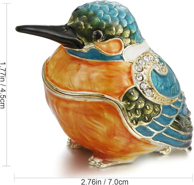 Hand Painted Enamel Kingfisher Trinket Box for Home Decor, Hinged Jewelry Organizer for Ring Earrings, Unique Figurine Keepsake Collectible Personalized Handmade Ornament Gifts (Blue Kingfisher) - Image 2