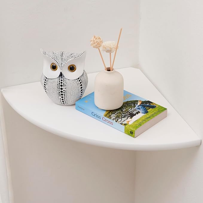 Corner Shelf, White Solid Oak Wood Floating Corner Shelves Wall Mount Round End Floating Speaker Rack Display Shelf for Small Plant Photo Frame (White, 12in) by Coamily