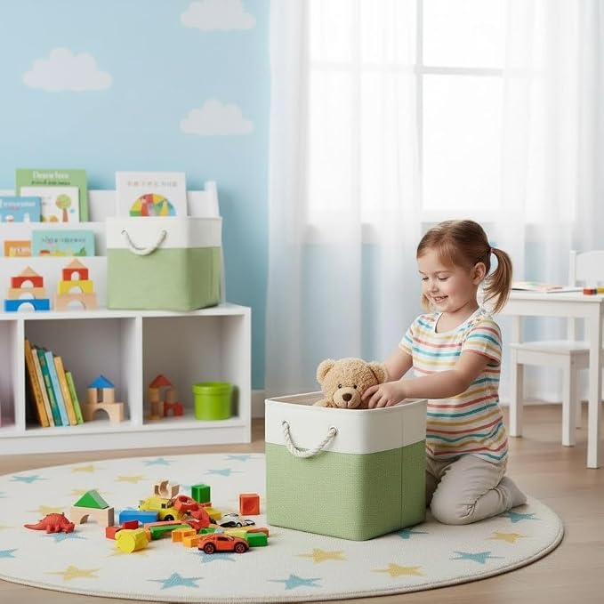 Cube Storage Bins, Collapsible Fabric Storage Cubes Bins, 11 Inch Cube Storage Bins with Handles, Foldable Storage Cubes (White/Green, 6Pack) - Image 5