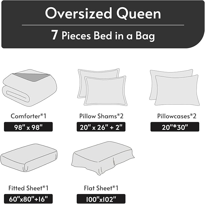 MUXHOMO 7 Pieces Oversized Queen Comforter Set, Reversible Bed in a Bag Oversized Queen Size, All Season Bedding Set with Comforter, Flat Sheet, Fitted Sheet, Pillowcases & Shams, Black & Soot