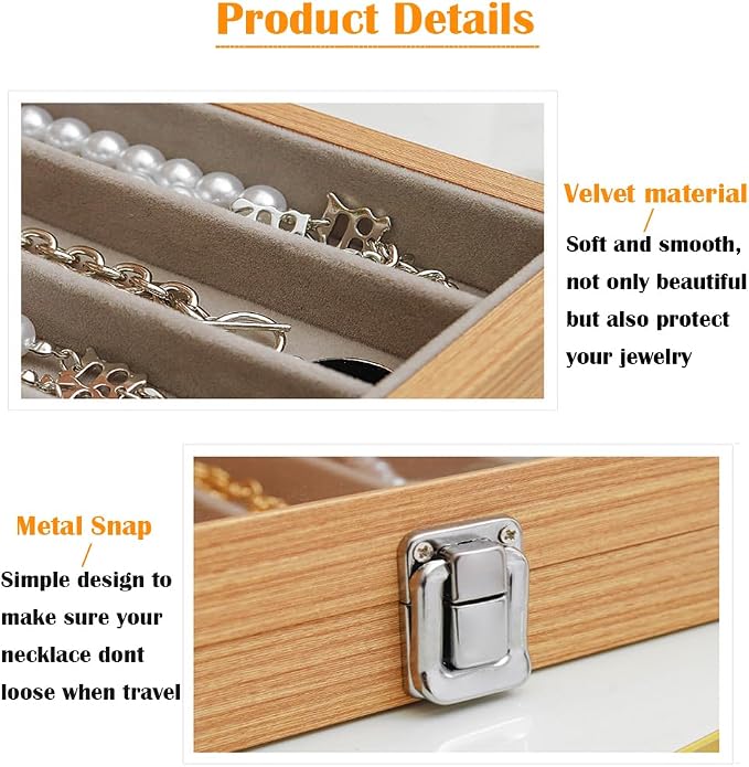 Glass Lid Necklace Organizer Box Transparent Necklace Holder Organizer Velvet Necklace Display Box Clear Lid Jewelry Storage Stackable Necklace Display Case for Women Girls (Style A) - Image 3
