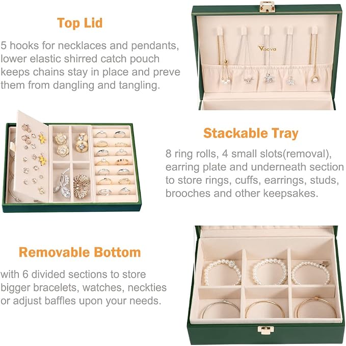 Voova Jewelry Box Organizer for Women Girls, 2 Layer Large Men Jewelry Storage Case, PU Leather Display Jewellery Holder with Removable Tray for Necklace Earrings Rings Bracelets, Blackish Green - Image 2