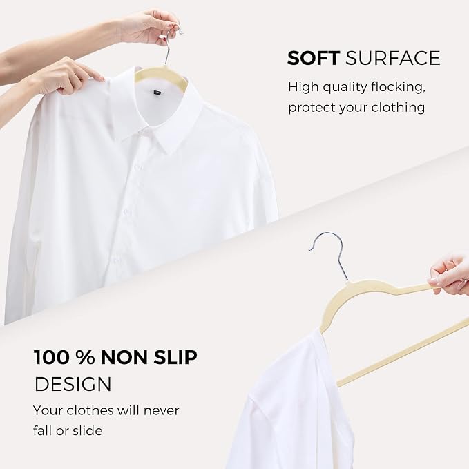 HOUSE DAY Premium Velvet Hangers 50 Pack, Non-Slip Flocked Felt Hangers, Sturdy Clothes Hangers with 360° Rotatable Hook, Heavy Duty Coat Hanger, Durable Slim Beige Hanger for Closet Space Saving - Image 6