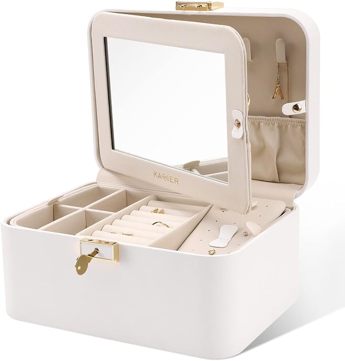 KAMIER Travel Jewelry Box, 2 Layers PU Leather Portable Jewelry Organizer, Large Capacity, Double Lock and Large Mirror, Hidden Necklace Hooks, Removable Dividers, Gift Box Packaging, White by KAMIER