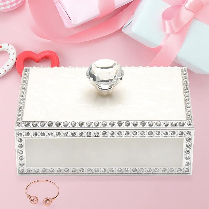 LASODY Diamond Crystal Jewelry Storage Box for Rings Earrings Necklace Treasure Chest Organizer Jewelry Keepsake Gift Box Case for Girl Women (Diamond Rectangle Silver Plating) - Image 7
