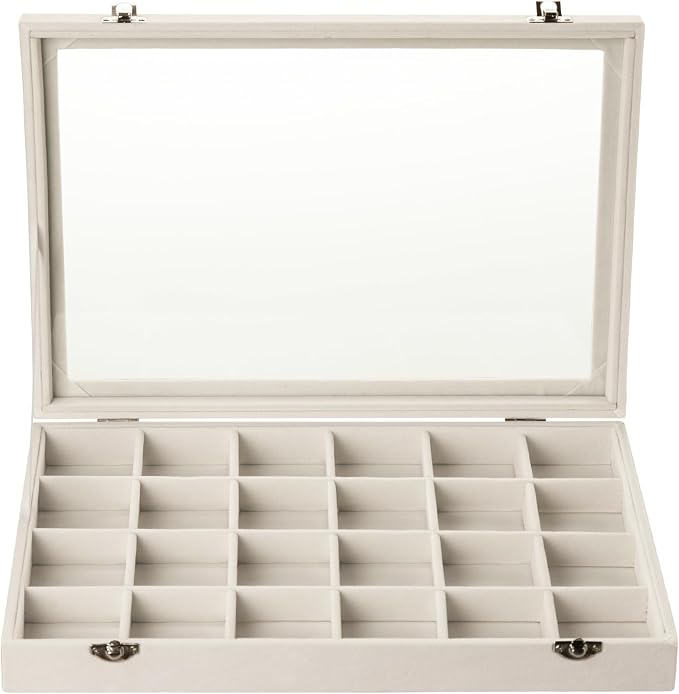 Frebeauty Velvet Jewelry Tray,24 Grid Jewelry Organizer with Clear Lid,Earring Holder Organizer with Clasp,Drawer Insert Rings Pendants Brooches,13.8 x 9.5 x 2 Inches,Gift for Women Girls(Beige) - Image 2