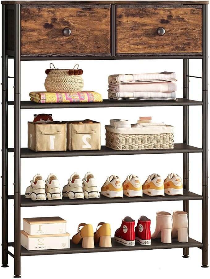 INGIORDAR Shoe Rack Organizer 5 Tier Metal Organizer Shelf with Industrial MDF Board and Layer Fabric for Entryway Closet Bedroom Living Room Garage (Black+Rustic Brown, 5 Tier with 2 Drawers) by INGIORDAR