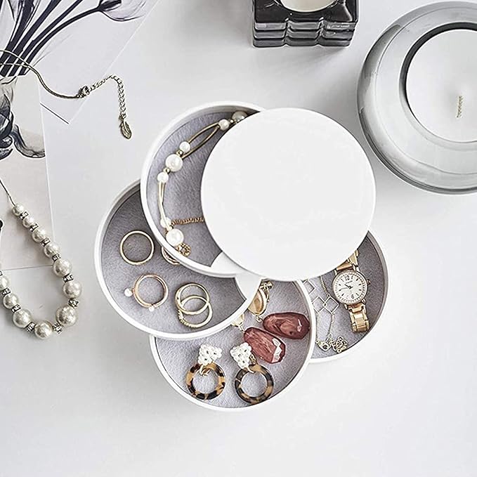 Jewelry Organizer Small Jewelry Storage Box 4-Layer Rotating Travel Jewelry Tray Holder for Women Bracelets Rings Bracelets Earrings (White) - Image 4