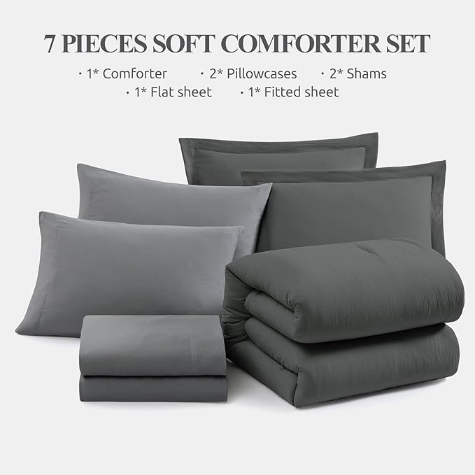 WRENSONGE King Size Comforter Set- 7 Pieces Soft Grey Bed in a Bag with Fitted Sheet, Flat Sheet, 2 Pillow Shams, and 2 Pillowcases- Warm Bedding Set for All Season