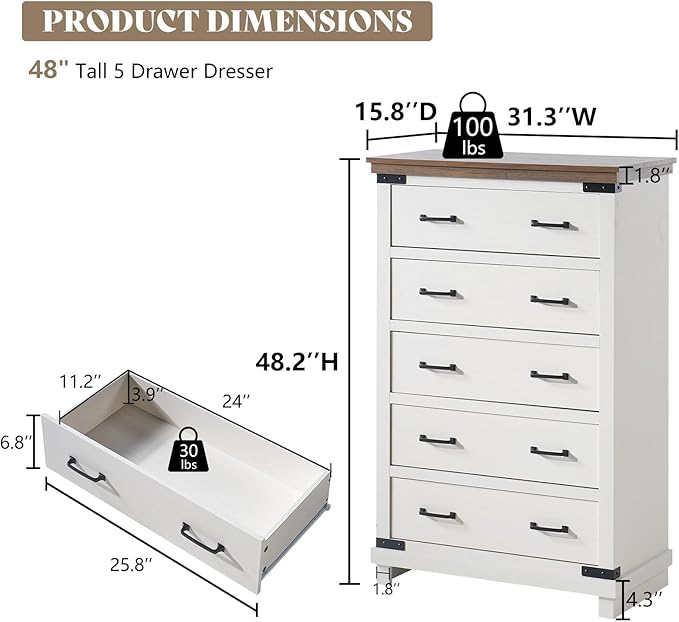 AMERLIFE 5-Piece Farmhouse Bedroom Set, Rustic Wood King Bed Frame with 51" Tall Headboard, 6-Drawer Dresser, 5-Drawer Tall Chest, Nightstands Set of 2 with Charging Station, White