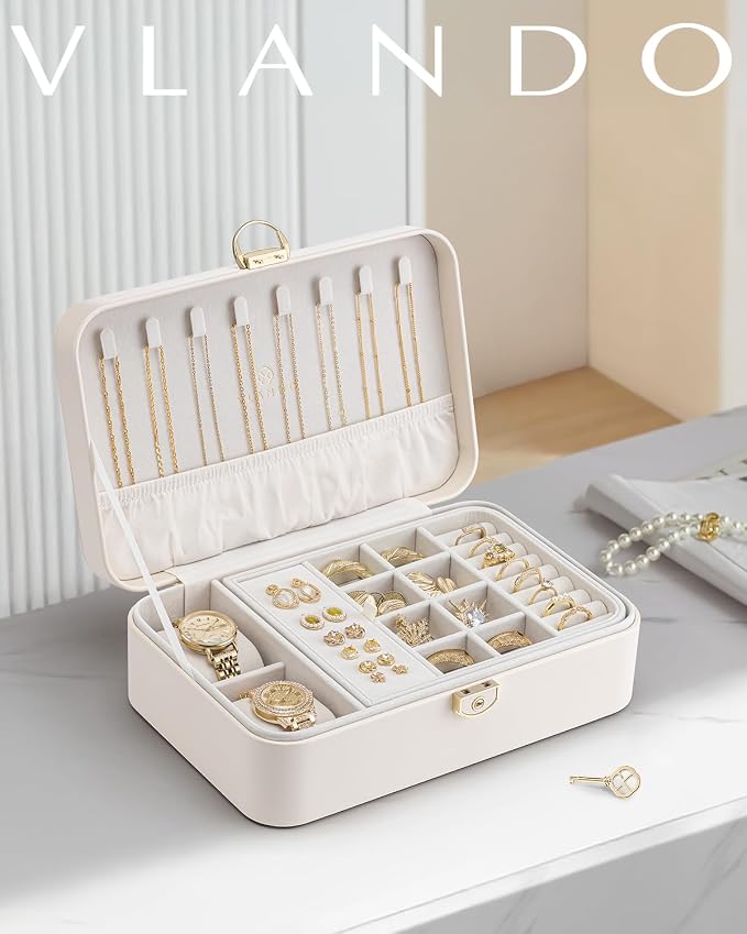 VLANDO 2 Layer Jewelry Box,Jewelry Organizer Storage Lockable Earring Organizer Removable Jewelry Tray with Watch Pillow for Neckable Ring Bracelets-Cream White - Image 7