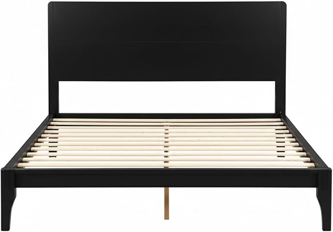Merax Full Size Bamboo Platform Bed, Mid-Century Modern Bed Frame with Tall Headboard, Solid Sustainable Bedframe Full-Size, Wood Slat Support, No Box Spring Needed, Easy Assembly, Noise Free, Black