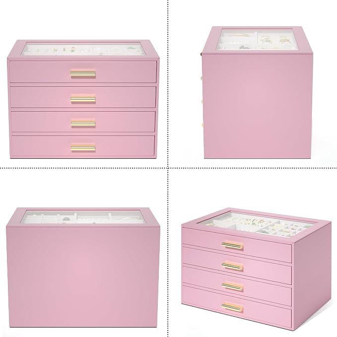 AKOZLIN Jewelry Box with Clear Lid Functional Leather Jewelry Storage Organizer Case 4 Drawers for Women Girls Necklace Ring Bracelet Earring - Image 4