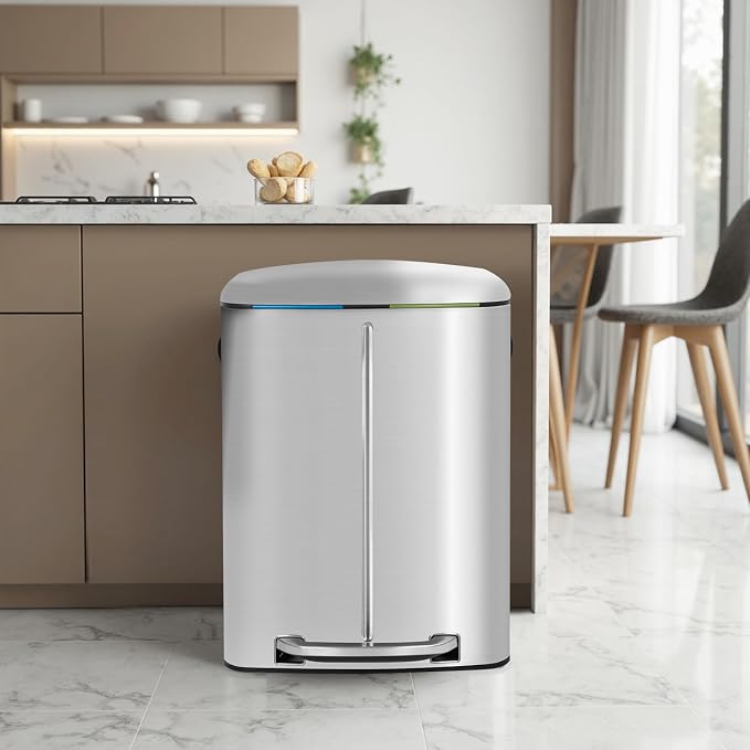 FDW | 10 Gallon Trash Can with Lid | Stainless Steel | Fingerprint-Proof | Made of Stainless Steel | Soft-Close Step Pedal | Hands-Free Use | Easy to Clean | for Kitchen, Office, Bathroom - Image 2