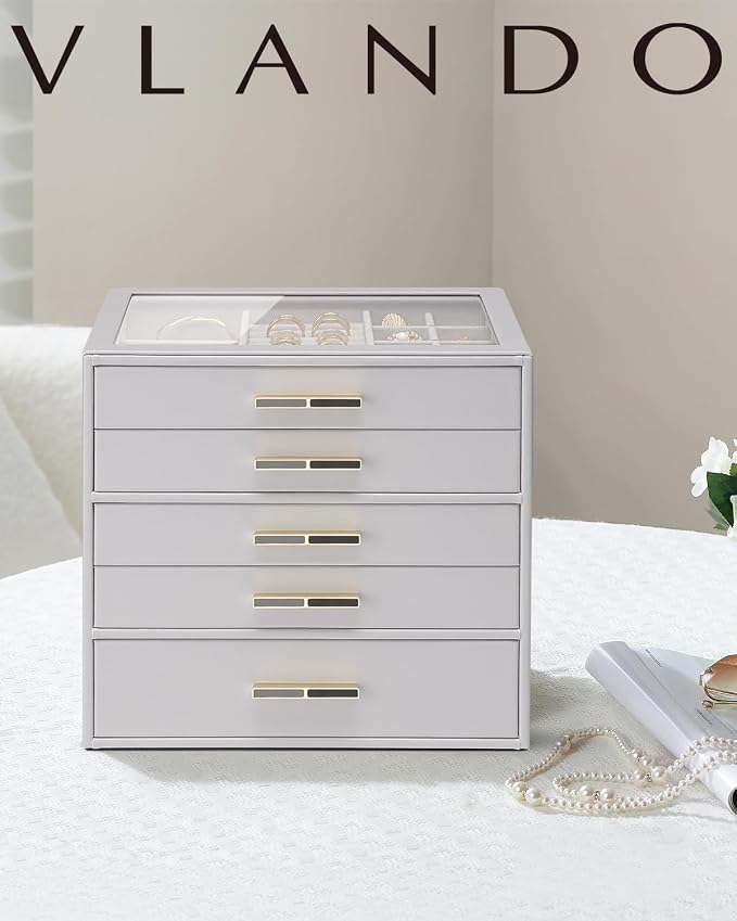 VLANDO 5 Layer Jewelry Box for Women, Glass Lid Jewelry Organizer with 5 Drawers for Necklaces Rings Earrings Bracelets - Grey - Image 2