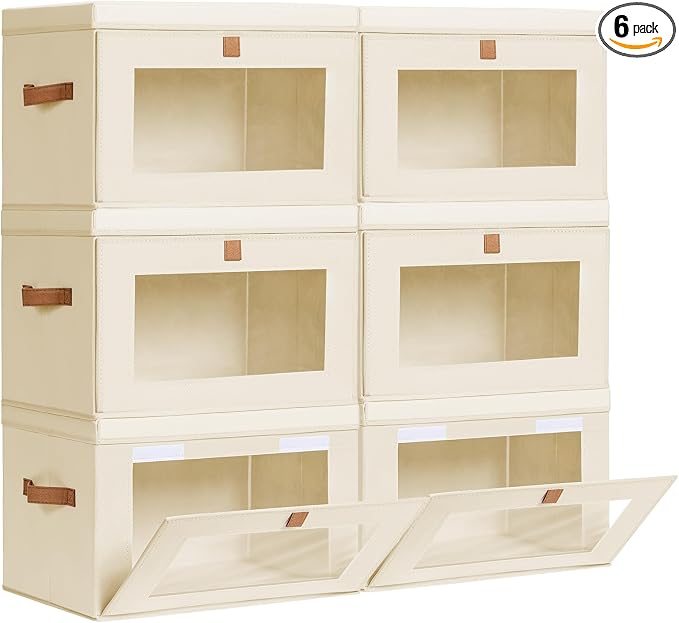 Homsorout Large Closet Storage Bins - Collapsible Clothing Organizer with Handles & Window, Decorative Bin with Lids, Linen Closet Organizers for Living Room, Dorm, 6 Pack, Beige by Homsorout