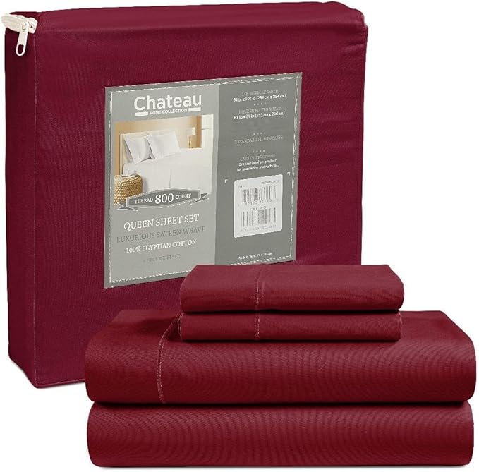 King Sheet Set, 100% Cotton Bed Sheets King Size Sheets 15" Deep Pocket Set, 800 Thread Count Sateen Weave 4 piece Luxury Bedding, Soft Breathable Machine Washable All Season Comfort- Burgundy